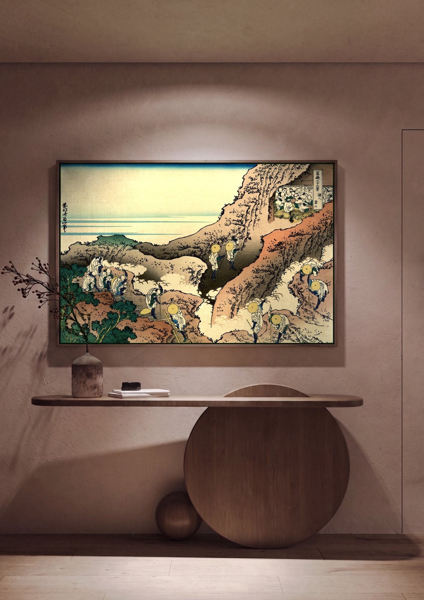 Quadro Decorativo Peregrinos Escalando Monte Fuji - Hokusai em ambiente decorado