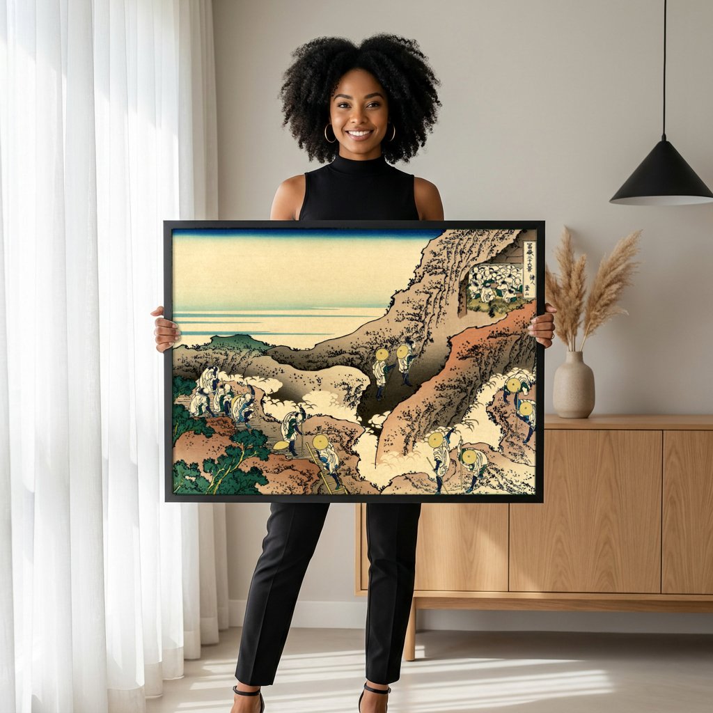 Quadro Decorativo Peregrinos Escalando Monte Fuji - Hokusai com modelo em ambiente