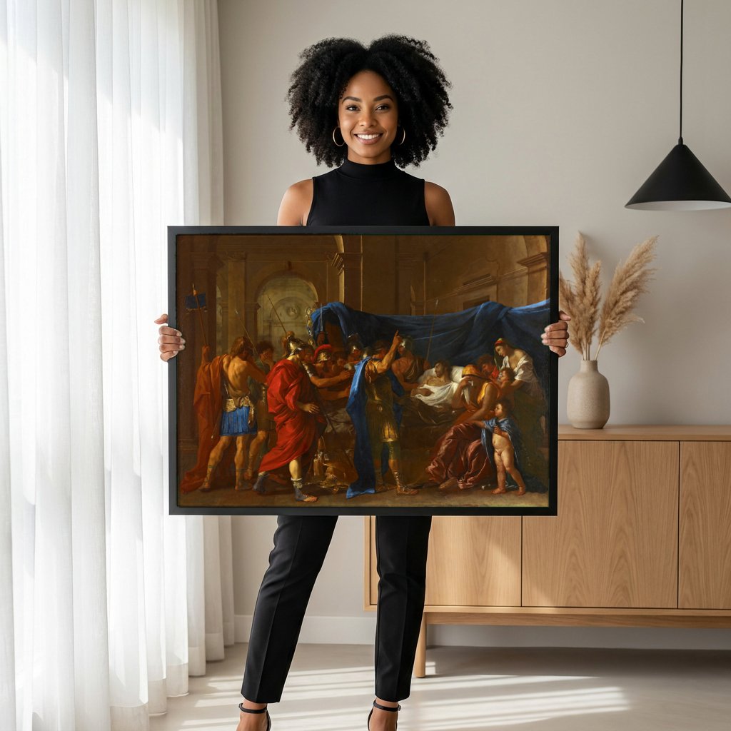 Quadro Decorativo A Morte de Germânico - Nicolas Poussin com modelo em ambiente