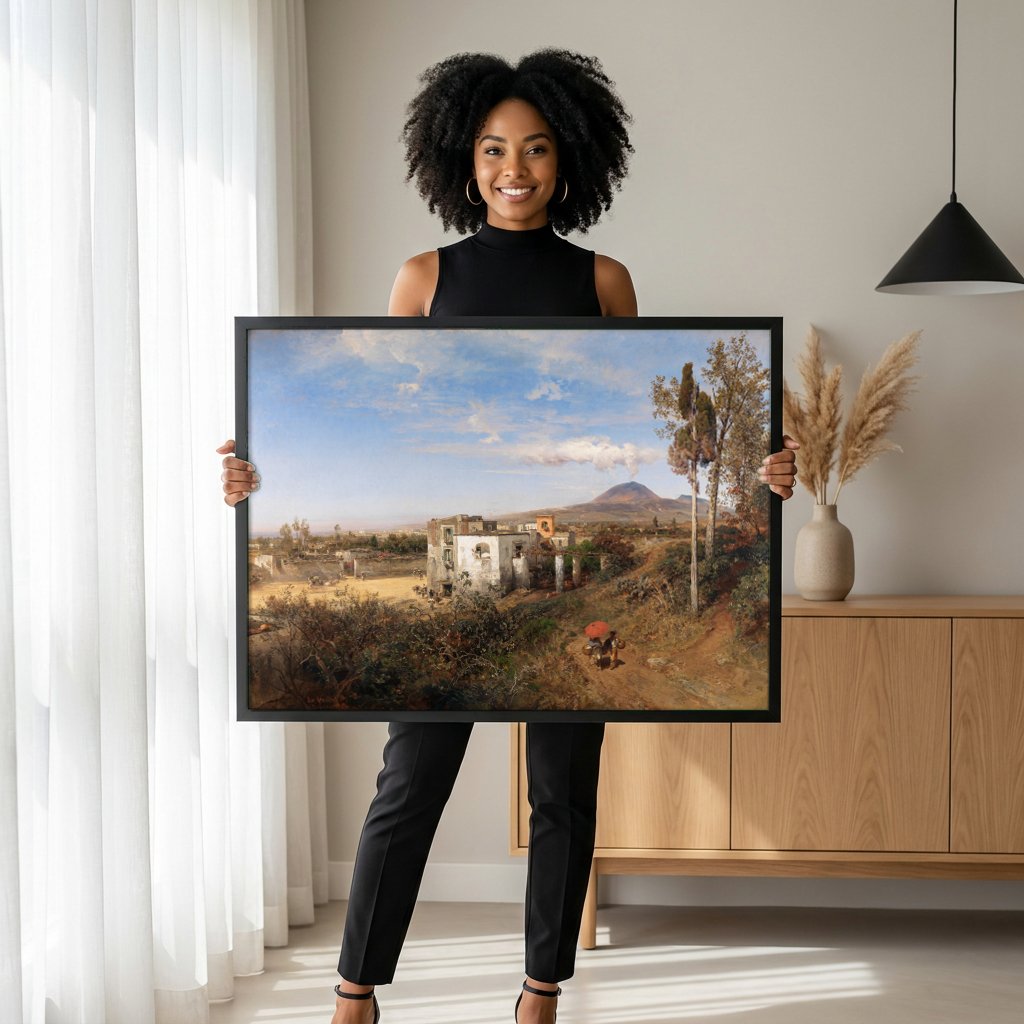 Quadro Decorativo A Erupção do Vesúvio - Oswald Achenbach com modelo em ambiente