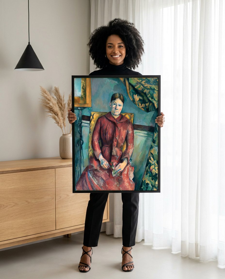 Quadro Decorativo A Mulher de Vermelho - Paul Cézanne com modelo em ambiente