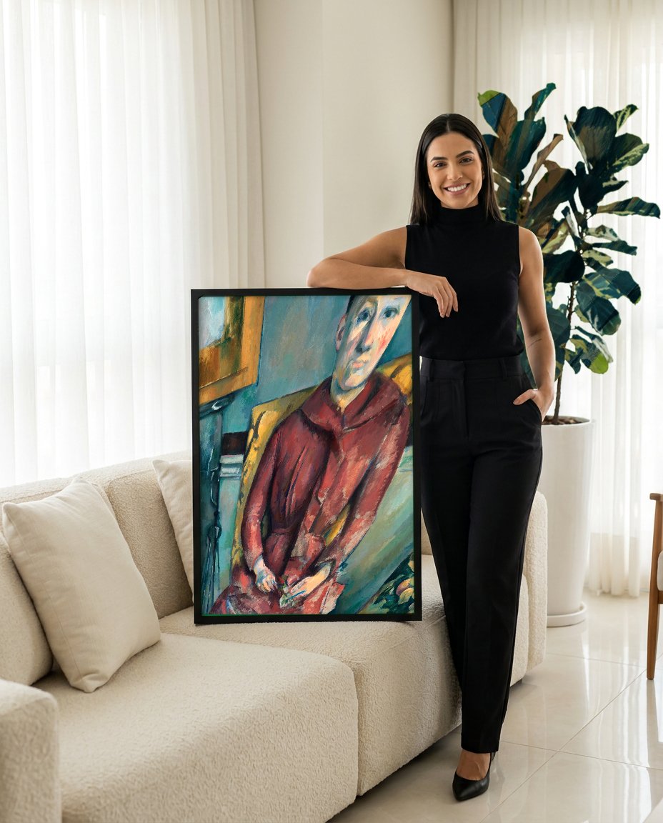 Quadro Decorativo A Mulher de Vermelho - Paul Cézanne com modelo em ambiente