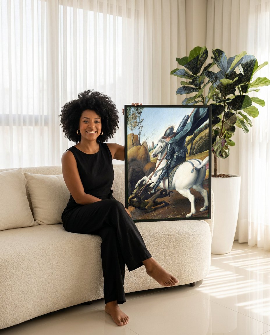 Quadro Decorativo São Jorge e o Dragão - Rafael com modelo em ambiente
