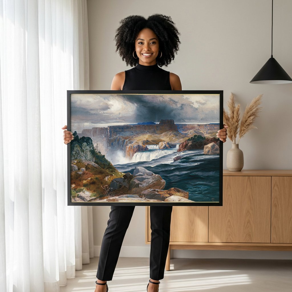 Quadro Decorativo Grandes Cataratas do Rio Snake - Thomas Moran com modelo em ambiente