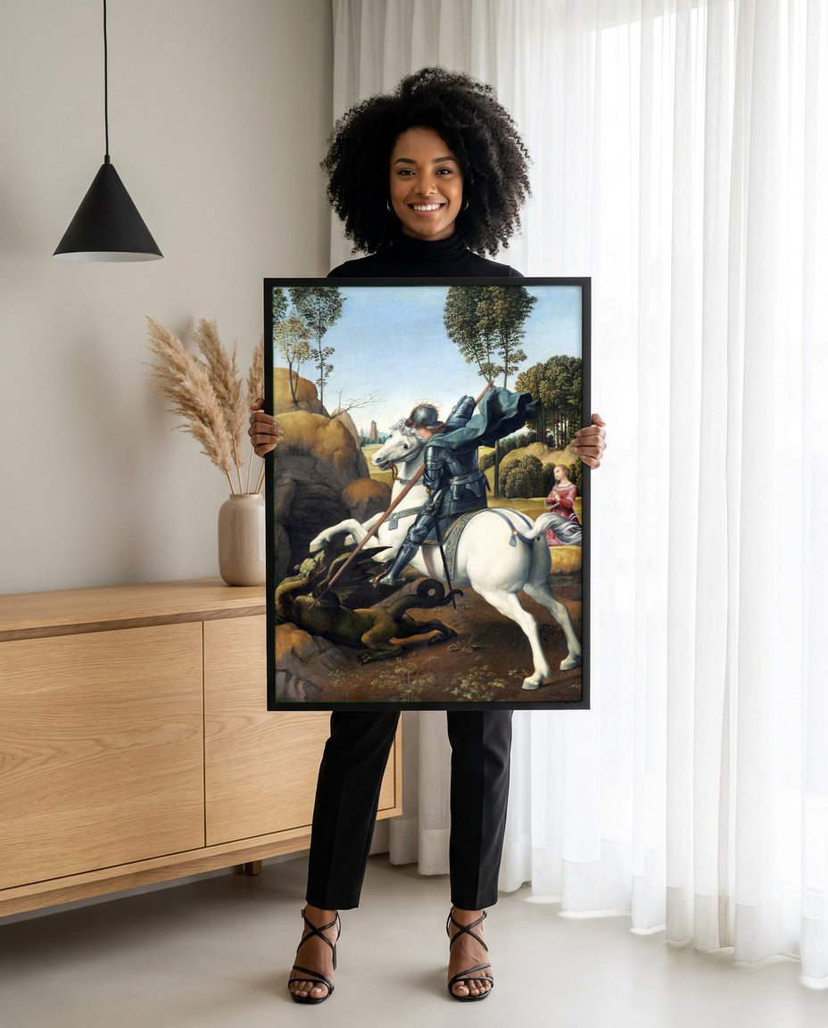 Quadro Decorativo São Jorge e o Dragão - Rafael com modelo em ambiente