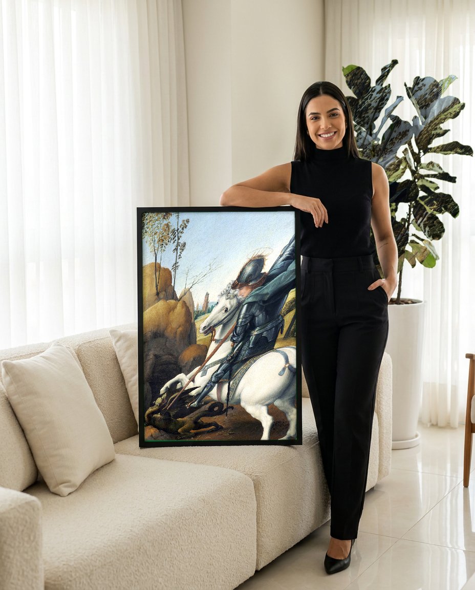 Quadro Decorativo São Jorge e o Dragão - Rafael com modelo em ambiente