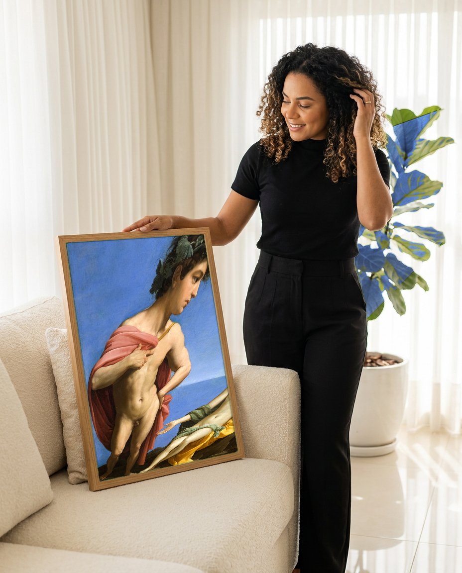 Quadro Decorativo Baco e Ariadne - Guido Reni com modelo em ambiente