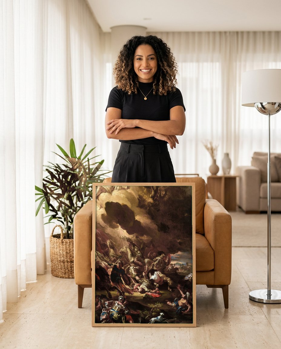 Quadro Decorativo A Conversão de Saulo - Solimena com modelo em ambiente