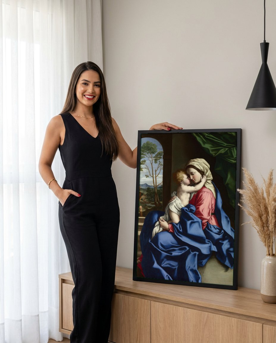 Quadro Decorativo Madonna com o Menino - Sassoferrato com modelo em ambiente