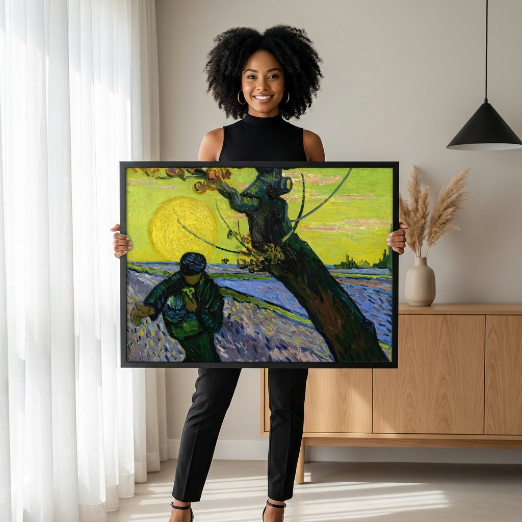 Quadro Decorativo O Semeador ao Pôr do Sol - Van Gogh com modelo em ambiente