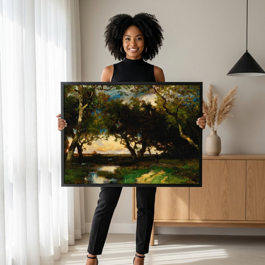 Quadro Decorativo Paisagem com Pântano - Thomas Moran com modelo em ambiente