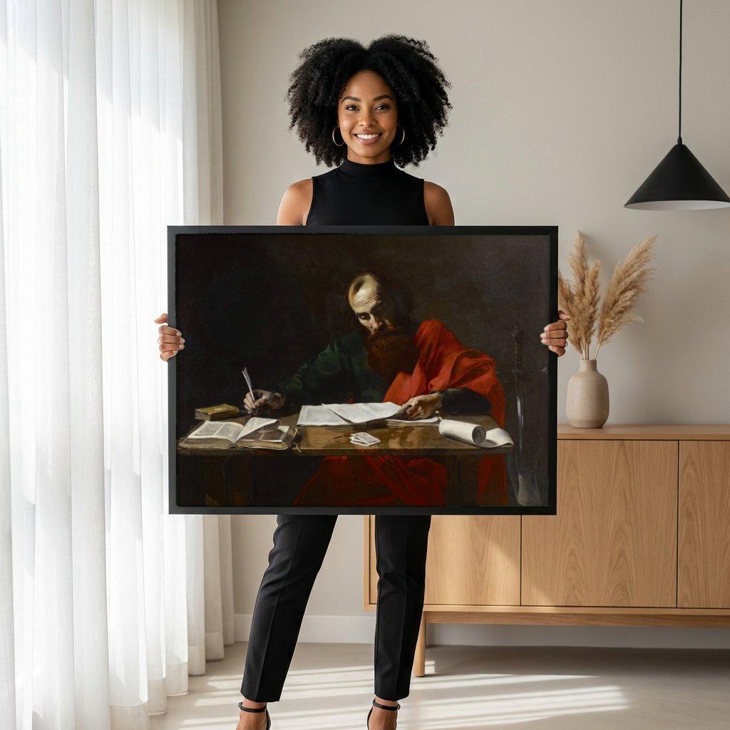 Quadro Decorativo São Paulo Escrevendo - Valentin de Boulogne com modelo em ambiente