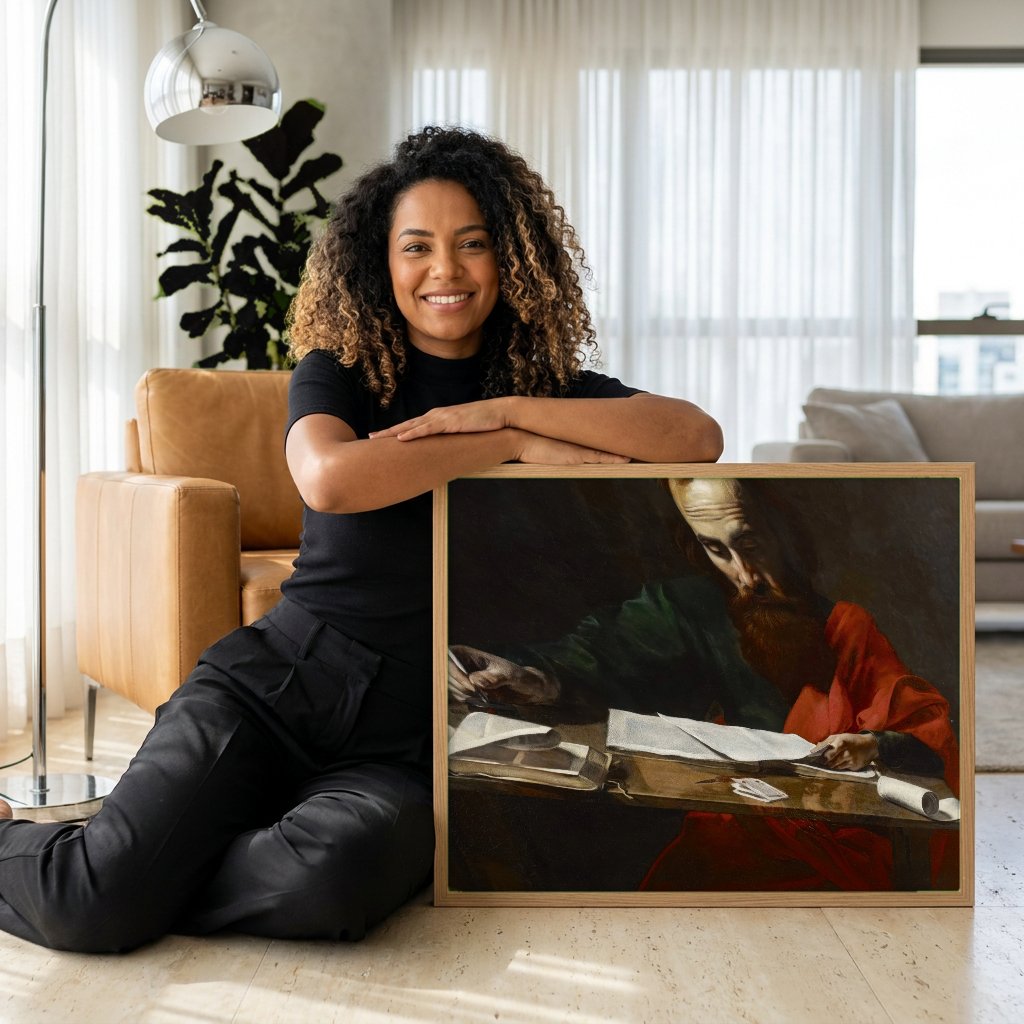 Quadro Decorativo São Paulo Escrevendo - Valentin de Boulogne com modelo em ambiente