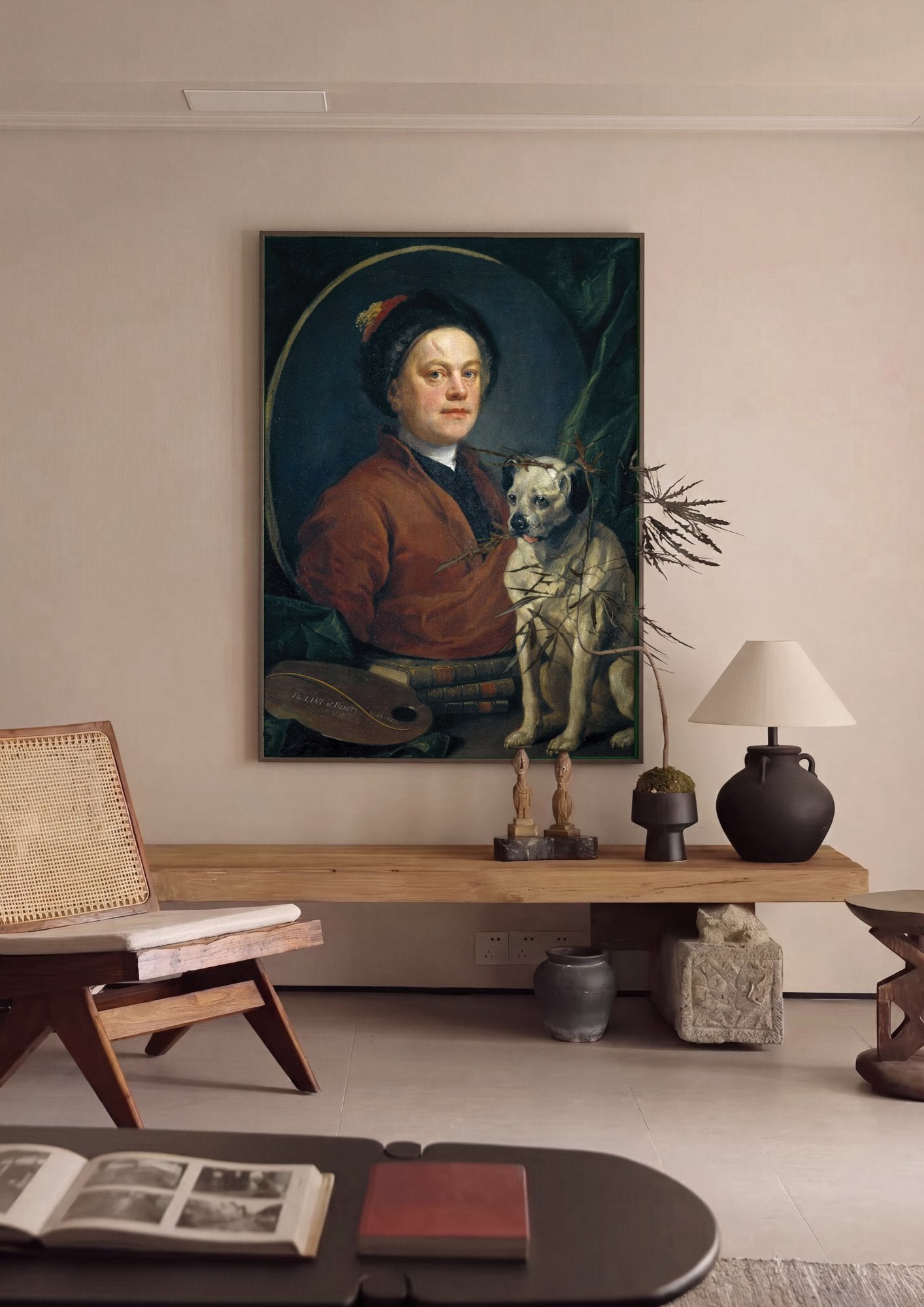 Quadro Decorativo Autorretrato com Cão - William Hogarth em ambiente decorado