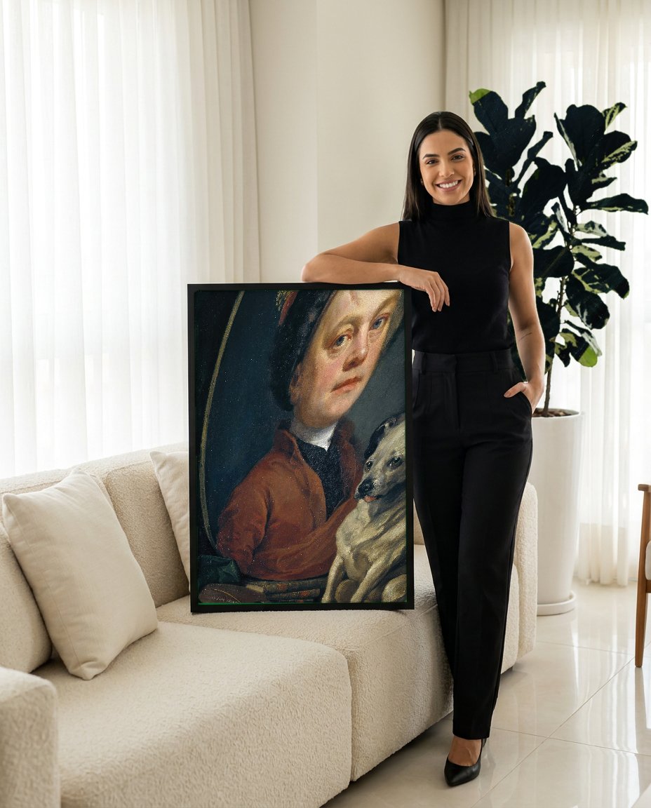 Quadro Decorativo Autorretrato com Cão - William Hogarth com modelo em ambiente