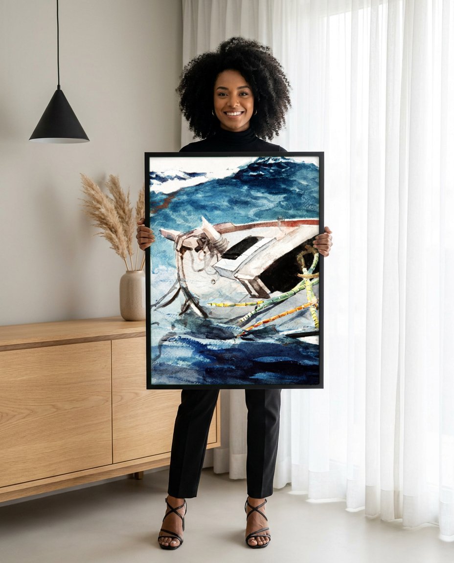 Quadro Decorativo Barco em Mar Agitado - Winslow Homer com modelo em ambiente