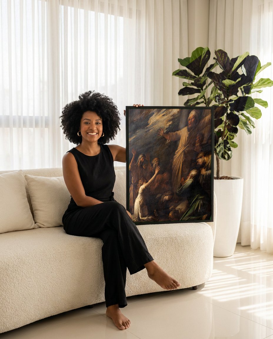 Quadro Decorativo A Pregação de São João Batista - Salvator Rosa com modelo em ambiente