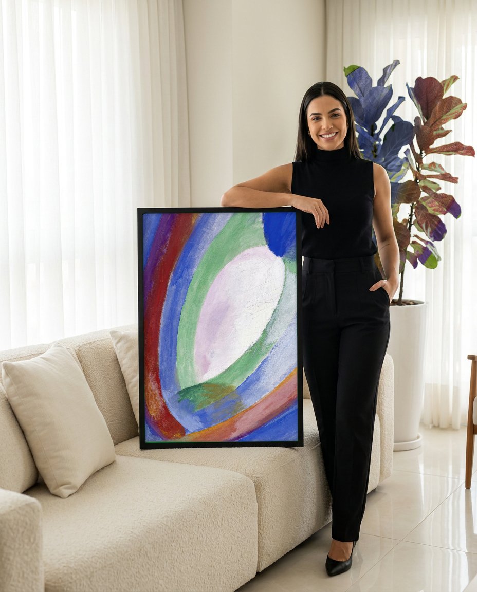 Quadro Decorativo Círculos de Cores - Robert Delaunay com modelo em ambiente