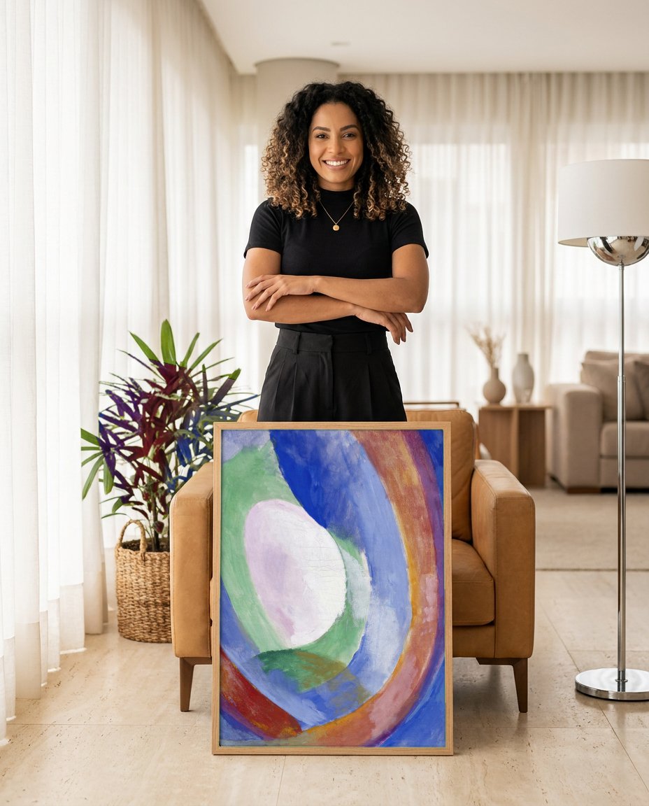 Quadro Decorativo Círculos de Cores - Robert Delaunay com modelo em ambiente