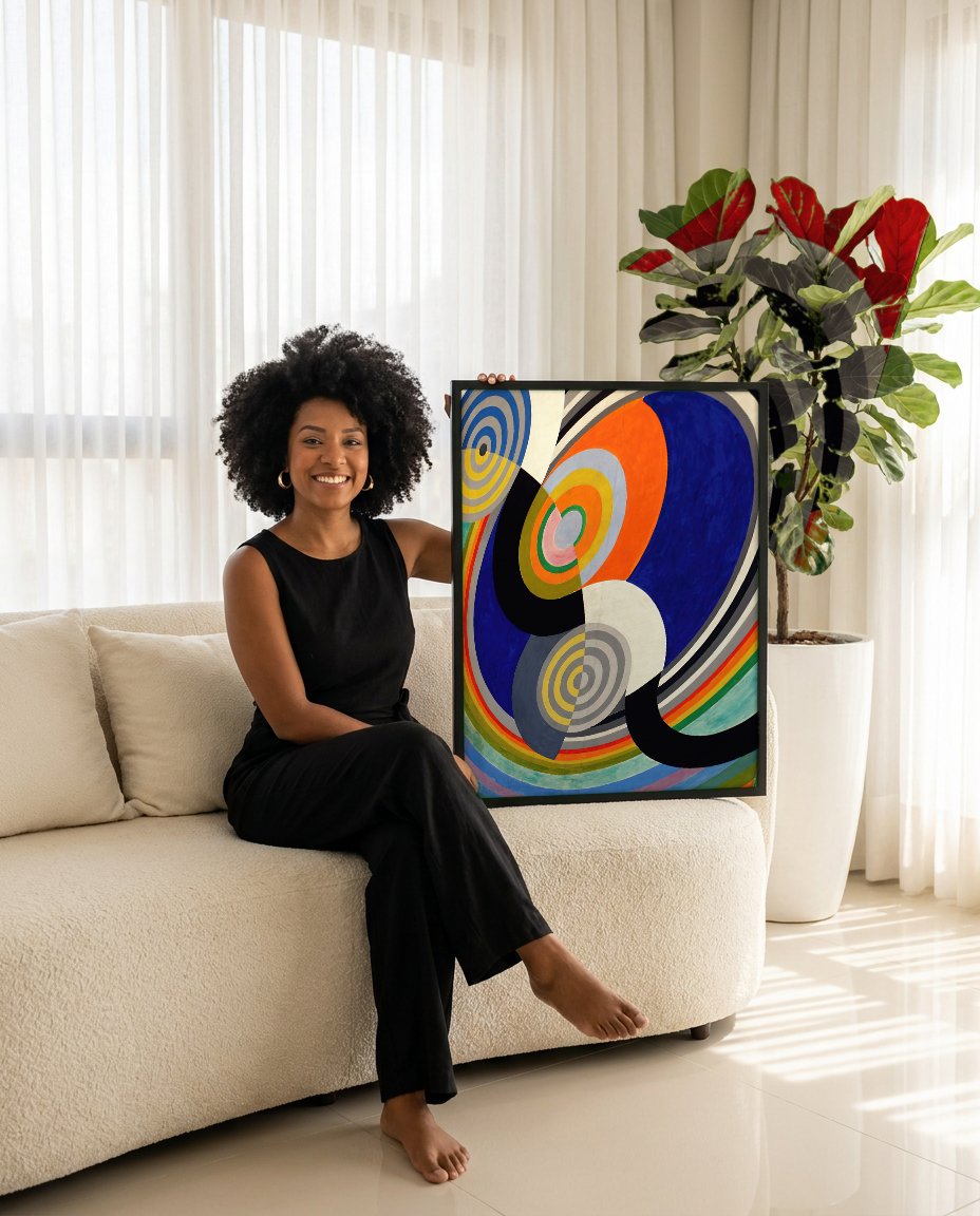 Quadro Decorativo Formas Circulares - Robert Delaunay com modelo em ambiente