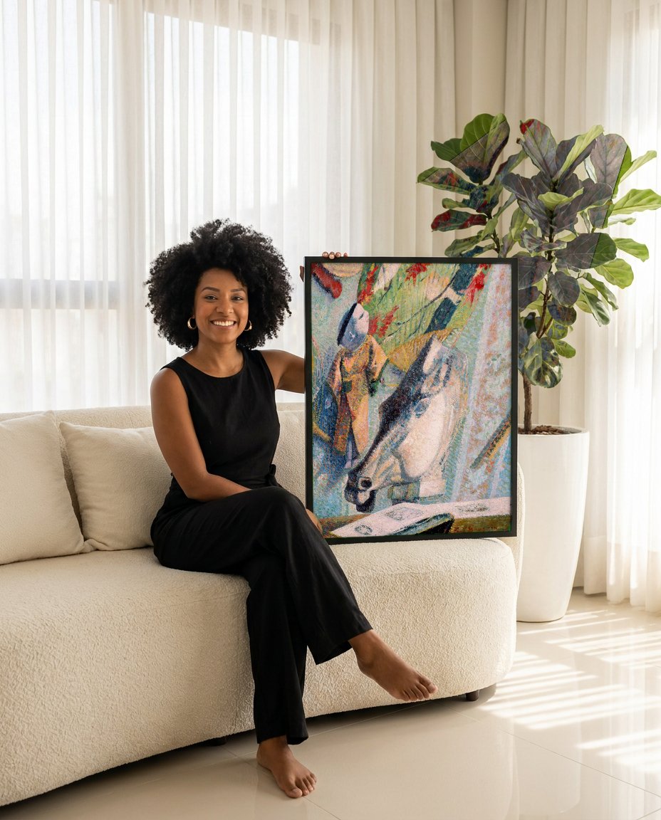 Quadro Decorativo Natureza-morta com Objetos Japoneses - Gauguin com modelo em ambiente