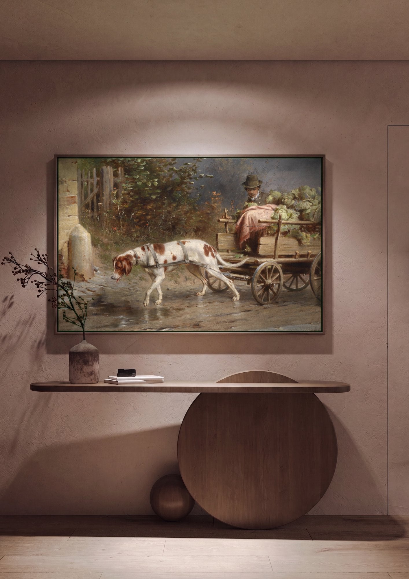 Quadro Decorativo Cão Atrelado à Carroça - Carl Reichert em ambiente decorado