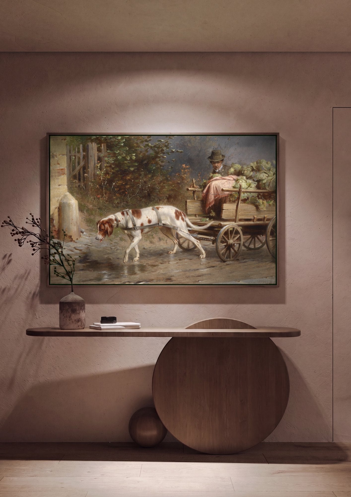 Quadro Decorativo Cão Atrelado à Carroça - Carl Reichert em ambiente decorado