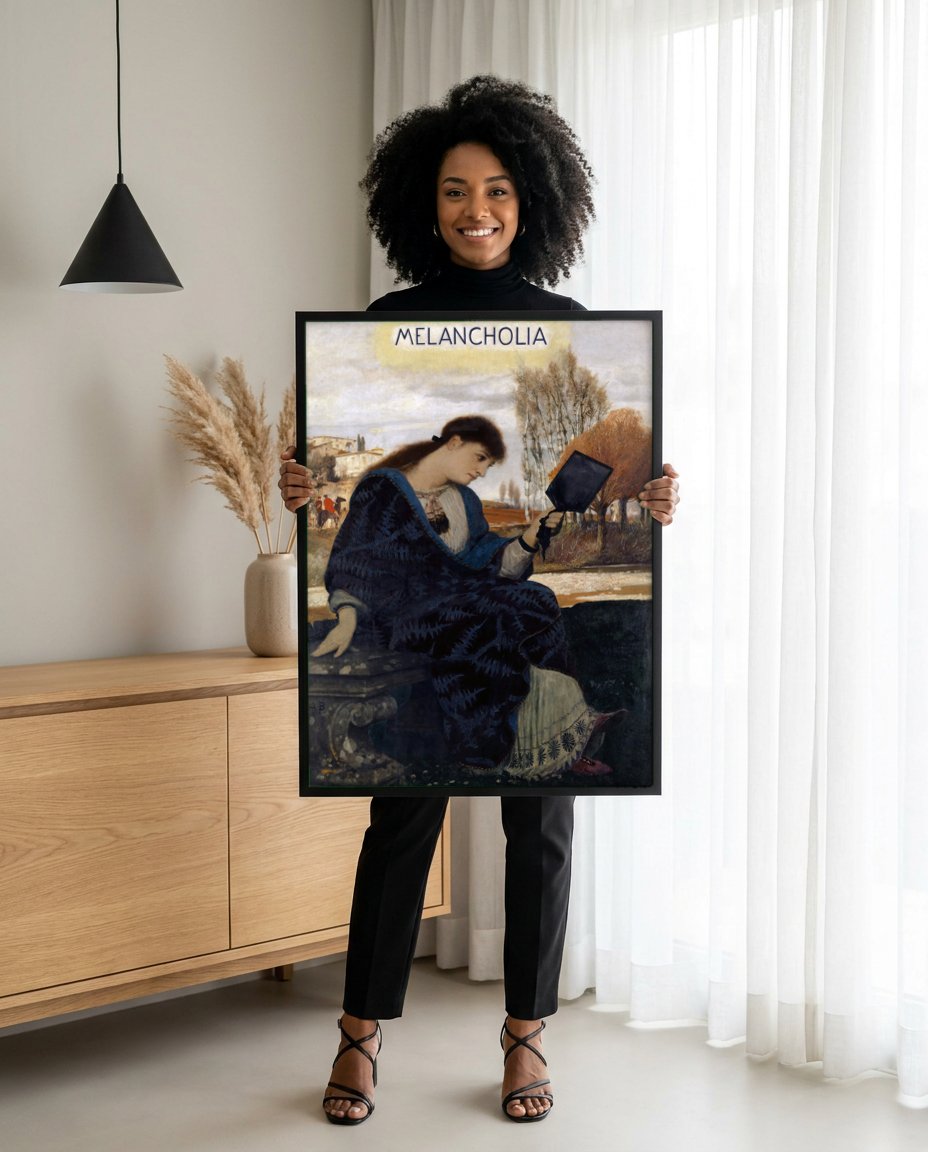 Quadro Decorativo Melancolia - Arnold Böcklin com modelo em ambiente