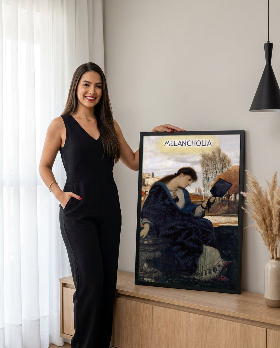 Quadro Decorativo Melancolia - Arnold Böcklin com modelo em ambiente