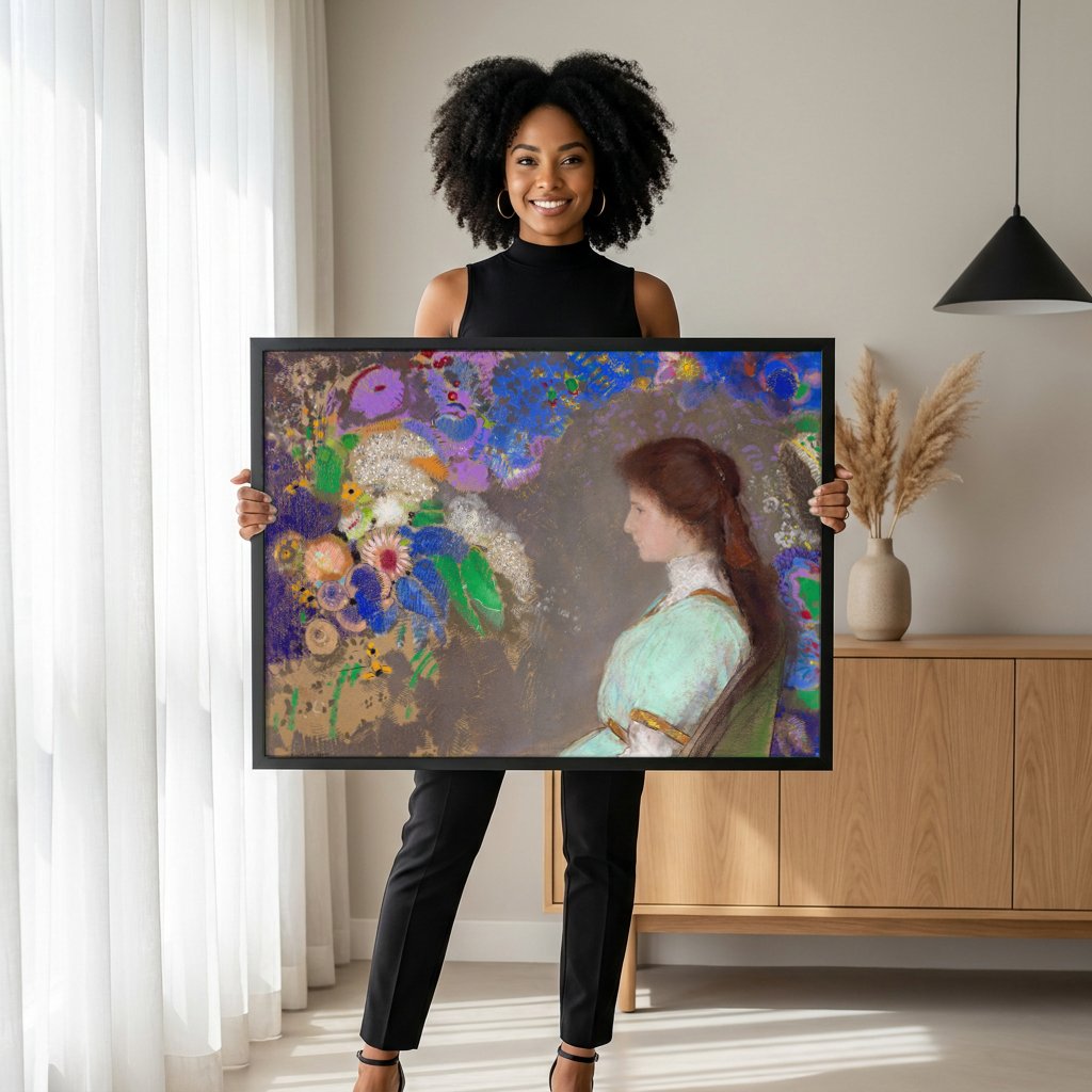 Quadro Decorativo A Jovem e as Flores - Odilon Redon com modelo em ambiente