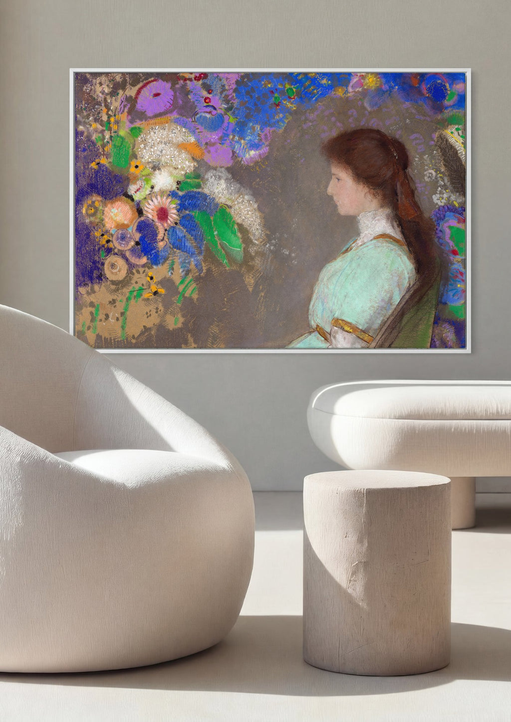 Quadro Decorativo A Jovem e as Flores - Odilon Redon em ambiente decorado