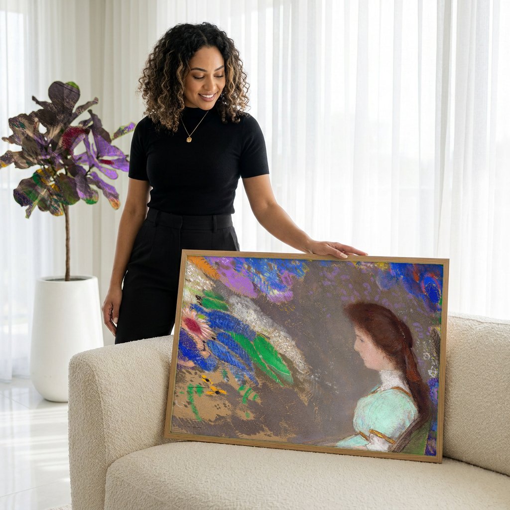 Quadro Decorativo A Jovem e as Flores - Odilon Redon com modelo em ambiente