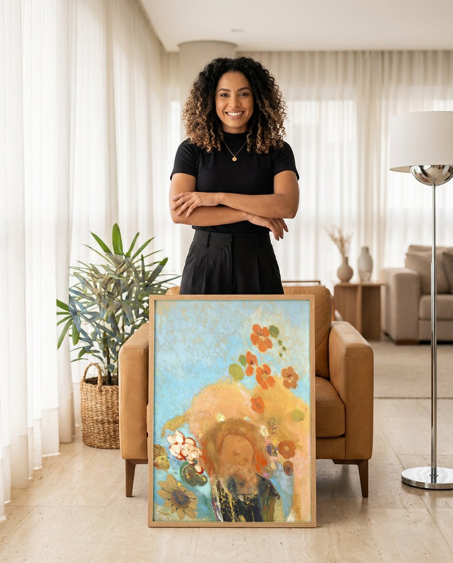 Quadro Decorativo O Velho com Flores - Odilon Redon com modelo em ambiente