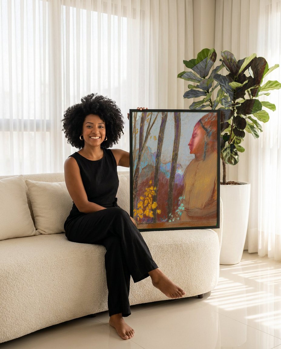 Quadro Decorativo A Mulher no Bosque - Odilon Redon com modelo em ambiente
