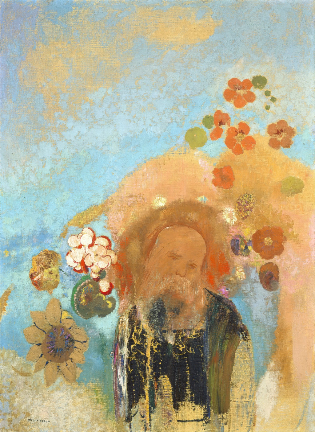 Quadro decorativo "O Velho com Flores" de Odilon Redon. Pintura a óleo simbolista com um homem barbudo rodeado por flores e um halo dourado, em tons de azul, laranja e verde.