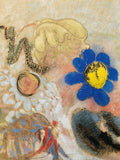 Quadro decorativo com flores e motivos abstratos de Odilon Redon. Desenho em pastel e grafite com uma flor azul vibrante, formas amarelas e tons terrosos, evocando um jardim onírico e uma estética simbolista.