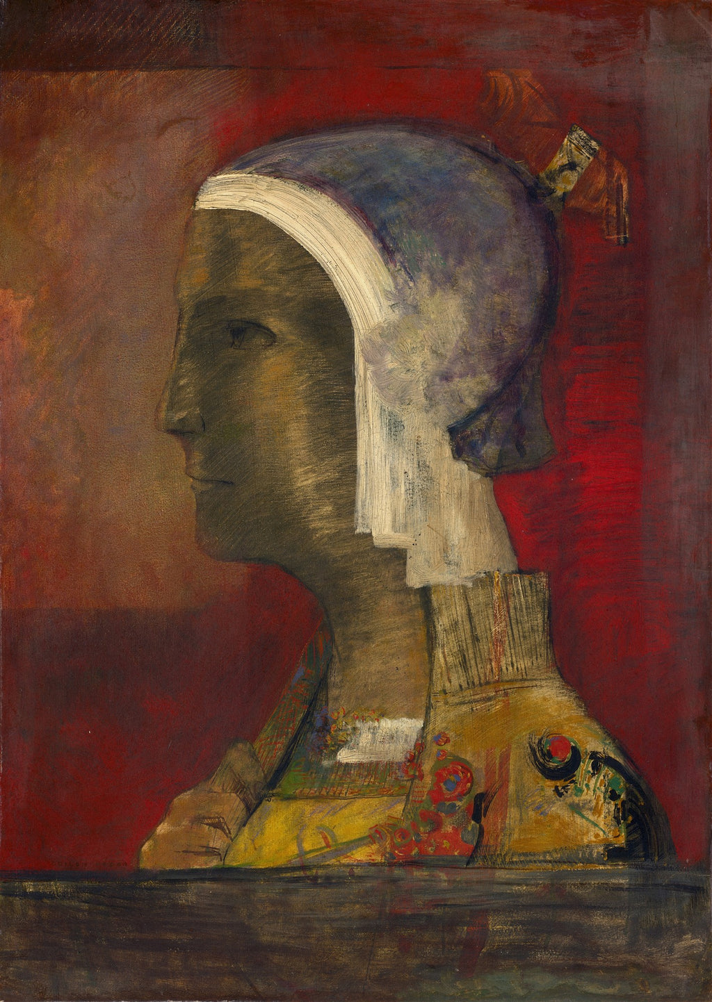 Quadro decorativo "A Cabeça Mística" de Odilon Redon, com um perfil de mulher em tons terrosos e gorro branco, sobre um fundo vermelho intenso.