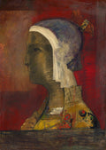 Quadro decorativo "A Cabeça Mística" de Odilon Redon, com um perfil de mulher em tons terrosos e gorro branco, sobre um fundo vermelho intenso.