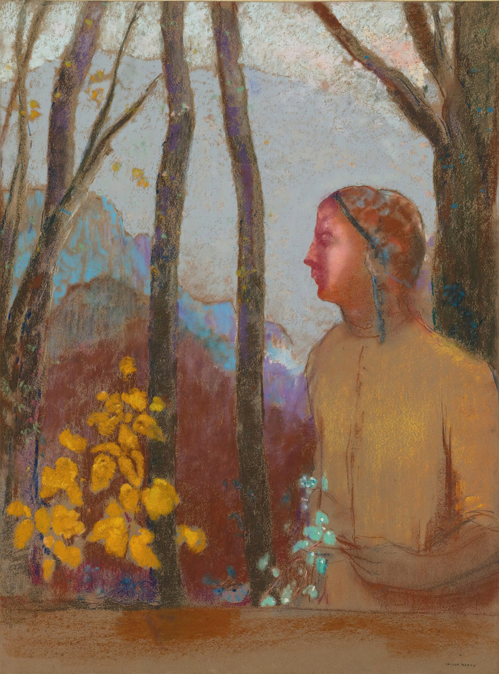 Quadro decorativo com figura feminina de perfil em meio a árvores esguias e folhagens amarelas, em tons pastel suaves, obra de Odilon Redon