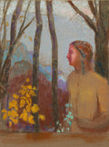 Quadro decorativo com figura feminina de perfil em meio a árvores esguias e folhagens amarelas, em tons pastel suaves, obra de Odilon Redon