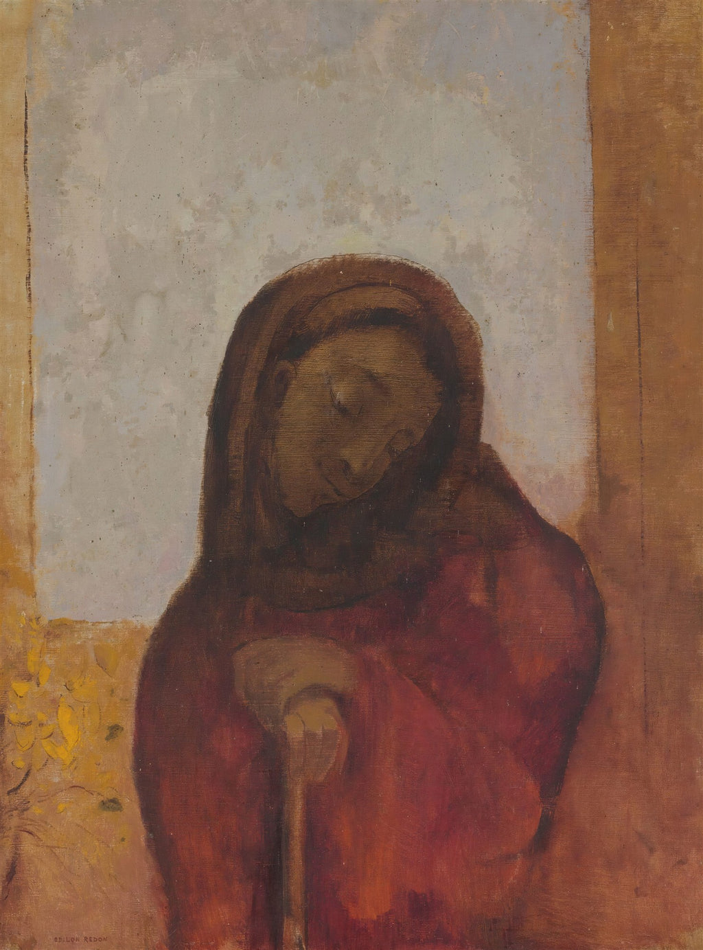 Quadro decorativo com pintura a óleo de Odilon Redon, intitulada 'A Virgem'. Retrata uma figura feminina com véu, inclinada, em tons de vermelho, marrom e cinza.