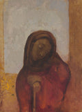 Quadro decorativo com pintura a óleo de Odilon Redon, intitulada 'A Virgem'. Retrata uma figura feminina com véu, inclinada, em tons de vermelho, marrom e cinza.