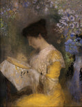 Quadro decorativo "A Leitora" de Odilon Redon, retratando uma mulher de perfil, com cabelos presos, vestindo um vestido amarelo e rendado, imersa na leitura de um livro ou bordado, com um fundo de folhagens e flores em tons de azul e roxo.