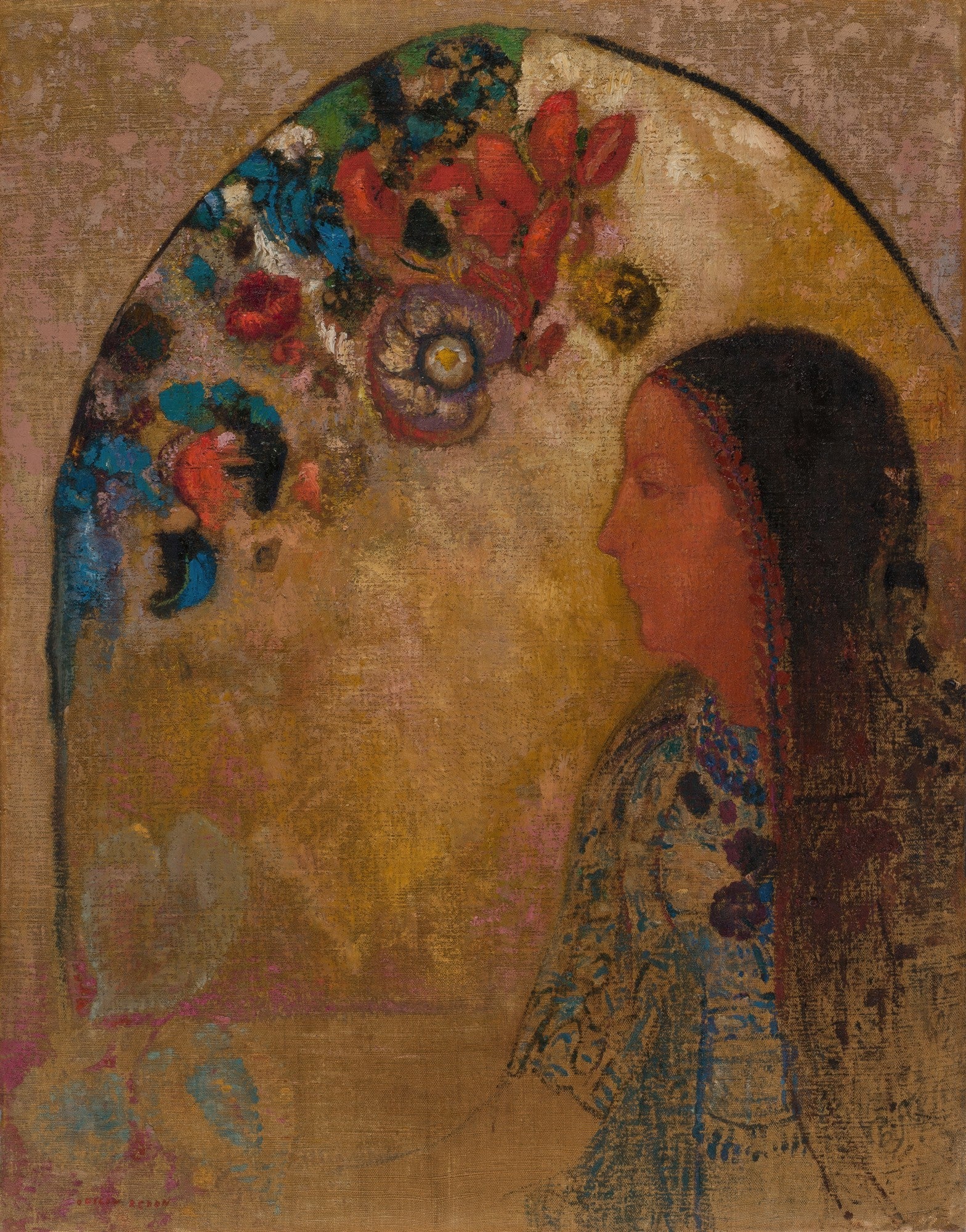 Quadro decorativo com a obra 'A Meditação' de Odilon Redon, mostrando o perfil de uma mulher com um véu e um arco floral vibrante ao fundo, em tons terrosos e dourados.