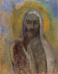 Quadro decorativo do Cristo de Odilon Redon, com tons de azul, dourado e marrom, figura pensativa com manto branco e halo.
