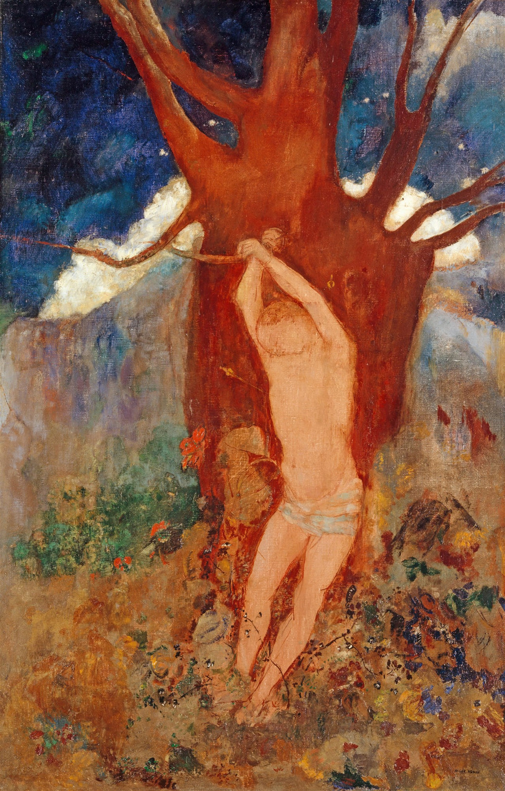 Pintura a óleo de Odilon Redon, "A Árvore", mostrando uma figura humana etérea com braços esticados para um galho de árvore de tronco vermelho, em um cenário noturno com folhagem verde e tons terrosos, com o céu azul escuro e estrelado ao fundo.