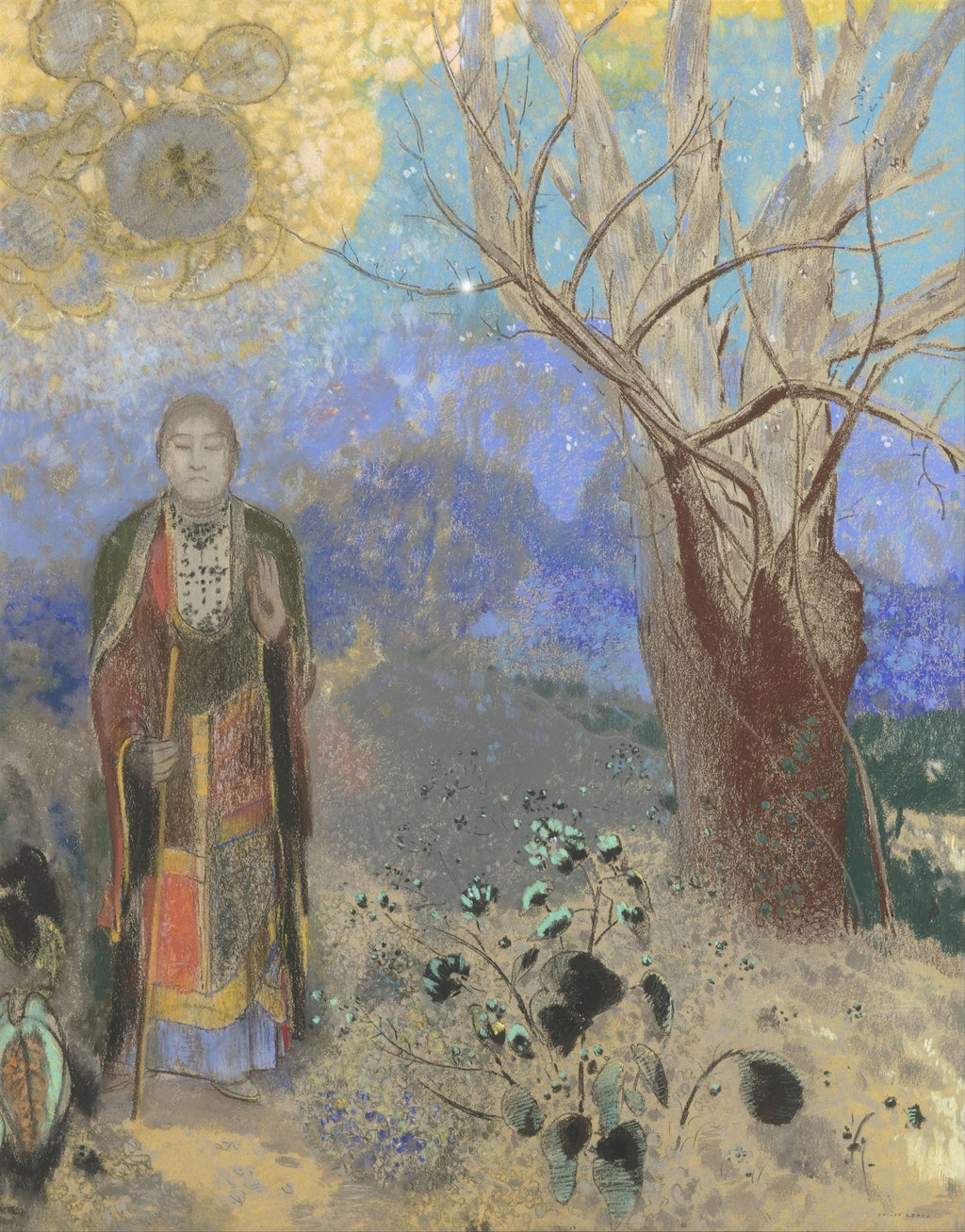 Quadro decorativo "O Buda" de Odilon Redon, mostrando uma figura meditativa em um cenário onírico com árvores e flores místicas, em tons de azul, dourado e marrom.