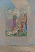 Quadro decorativo com a obra 'A Janela (A Janela Gótica)' de Odilon Redon. A imagem mostra três painéis de janela gótica com figuras etéreas e um jardim florido em tons pastel e suaves. As figuras parecem mulheres em vestes longas, uma delas com uma manta roxa e verde, e a outra em azul, interagindo com a vegetação. O céu é de um azul claro com nuvens discretas e o fundo é em tons neutros de cinza e bege, que dão a impressão de uma parede.