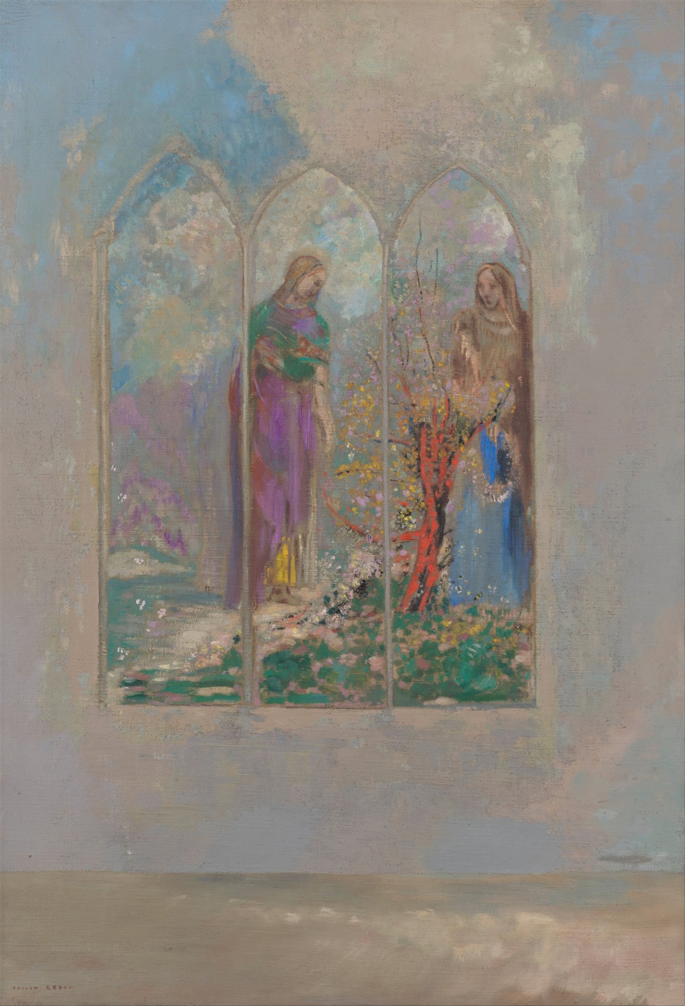 Quadro decorativo com a obra 'A Janela (A Janela Gótica)' de Odilon Redon. A imagem mostra três painéis de janela gótica com figuras etéreas e um jardim florido em tons pastel e suaves. As figuras parecem mulheres em vestes longas, uma delas com uma manta roxa e verde, e a outra em azul, interagindo com a vegetação. O céu é de um azul claro com nuvens discretas e o fundo é em tons neutros de cinza e bege, que dão a impressão de uma parede.