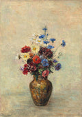 Quadro decorativo de um vaso de flores coloridas, atribuído a Odilon Redon. O vaso é de tom terroso, com flores em tons de vermelho, azul, branco e amarelo, sobre um fundo claro.